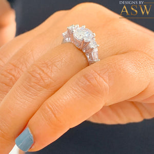 Copy of 14K Solid White Gold Round Cut Moissanite and Natural Round And Baguettes Cut Diamond Engagement Ring Deco Antique Style 2.70ctw