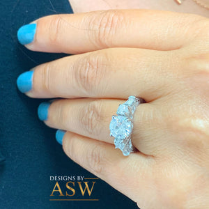 Copy of 14K Solid White Gold Round Cut Moissanite and Natural Round And Baguettes Cut Diamond Engagement Ring Deco Antique Style 2.70ctw