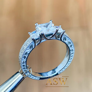 14k Solid White Gold Princess Cut Forever One Moissanite and Natural Diamond Engagement Ring Antique Three Stones 1.60ct