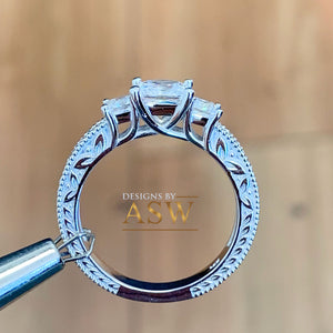 14k Solid White Gold Princess Cut Forever One Moissanite and Natural Diamond Engagement Ring Antique Three Stones 1.60ct
