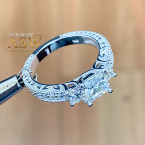 14k Solid White Gold Princess Cut Forever One Moissanite and Natural Diamond Engagement Ring Antique Three Stones 1.60ct
