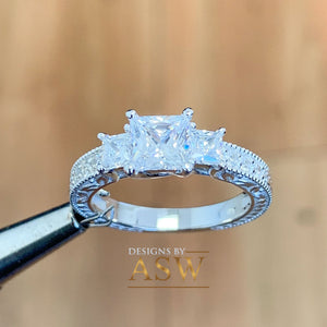 14k Solid White Gold Princess Cut Forever One Moissanite and Natural Diamond Engagement Ring Antique Three Stones 1.60ct
