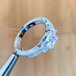 14k Solid White Gold Princess Cut Forever One Moissanite and Natural Diamond Engagement Ring Antique Three Stones 1.60ct