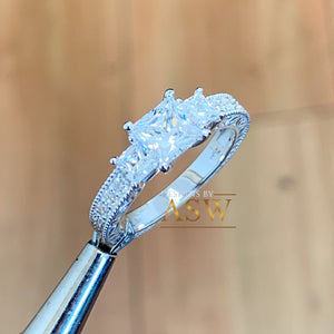 14k Solid White Gold Princess Cut Forever One Moissanite and Natural Diamond Engagement Ring Antique Three Stones 1.60ct