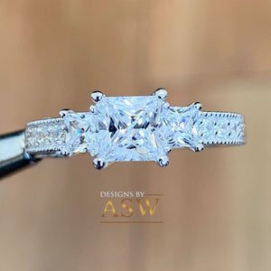 14k Solid White Gold Princess Cut Forever One Moissanite and Natural Diamond Engagement Ring Antique Three Stones 1.60ct