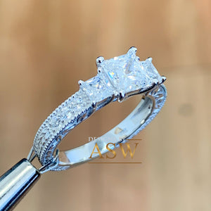 14k Solid White Gold Princess Cut Forever One Moissanite and Natural Diamond Engagement Ring Antique Three Stones 1.60ct