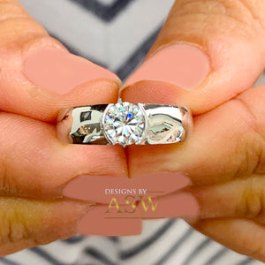 14k solid heavy white gold round cut natural diamond semi bezel engagement ring wedding 0.90ct