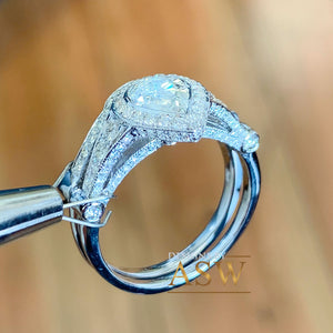 14k Solid White Gold Pear And Round Cut Natural Diamond Engagement Ring And Band Halo, Bridal Set Antique Style 2.50ctw