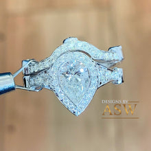 Load image into Gallery viewer, 14k Solid White Gold Pear And Round Cut Natural Diamond Engagement Ring And Band Halo, Bridal Set Antique Style 2.50ctw
