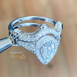 14k Solid White Gold Pear And Round Cut Natural Diamond Engagement Ring And Band Halo, Bridal Set Antique Style 2.50ctw
