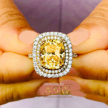 Load image into Gallery viewer, 14K Solid White and Yellow Gold Fancy Yellow Cushion and Round Cut Simulated Diamonds Engagement Ring Set Double Halo Wedding Bridal 6.00ctw
