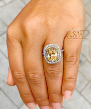 Load image into Gallery viewer, 14K Solid White and Yellow Gold Fancy Yellow Cushion and Round Cut Simulated Diamonds Engagement Ring Set Double Halo Wedding Bridal 6.00ctw
