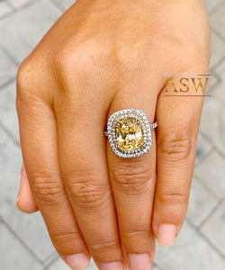 14K Solid White and Yellow Gold Fancy Yellow Cushion and Round Cut Simulated Diamonds Engagement Ring Set Double Halo Wedding Bridal 6.00ctw