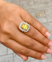 Load image into Gallery viewer, 14K Solid White and Yellow Gold Fancy Yellow Cushion and Round Cut Simulated Diamonds Engagement Ring Set Double Halo Wedding Bridal 6.00ctw
