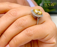 Load image into Gallery viewer, 14K Solid White and Yellow Gold Fancy Yellow Cushion and Round Cut Simulated Diamonds Engagement Ring Set Double Halo Wedding Bridal 6.00ctw
