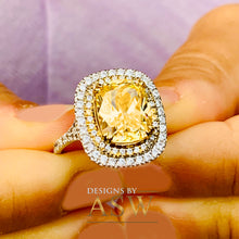 Load image into Gallery viewer, 14K Solid White and Yellow Gold Fancy Yellow Cushion and Round Cut Simulated Diamonds Engagement Ring Set Double Halo Wedding Bridal 6.00ctw
