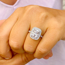 Load image into Gallery viewer, 14k Solid White Gold Cushion Cut Moissanite and Natural Diamond Engagement Ring Soleste Double Halo, Bridal, Wedding 4.00ctw
