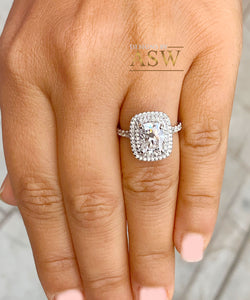 Double Halo 14K Solid White Gold Cushion and Round Cut Simulated Diamonds Engagement Ring Prong Set Wedding Bridal 4.00ct