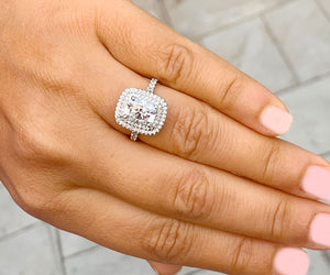 14k Solid White Gold Cushion Cut Forever One Moissanite and Natural Diamond Engagement Ring Soleste Double Halo, Bridal, Wedding 4.00ctw