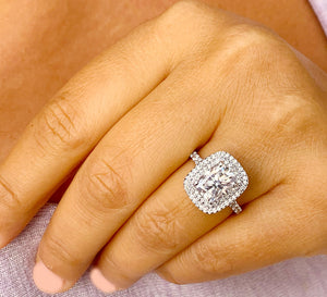 14k Solid White Gold Cushion Cut Moissanite and Natural Diamond Engagement Ring Soleste Double Halo, Bridal, Wedding 4.00ctw