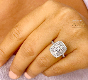 Double Halo 14K Solid White Gold Cushion and Round Cut Simulated Diamonds Engagement Ring Prong Set Wedding Bridal 4.00ct