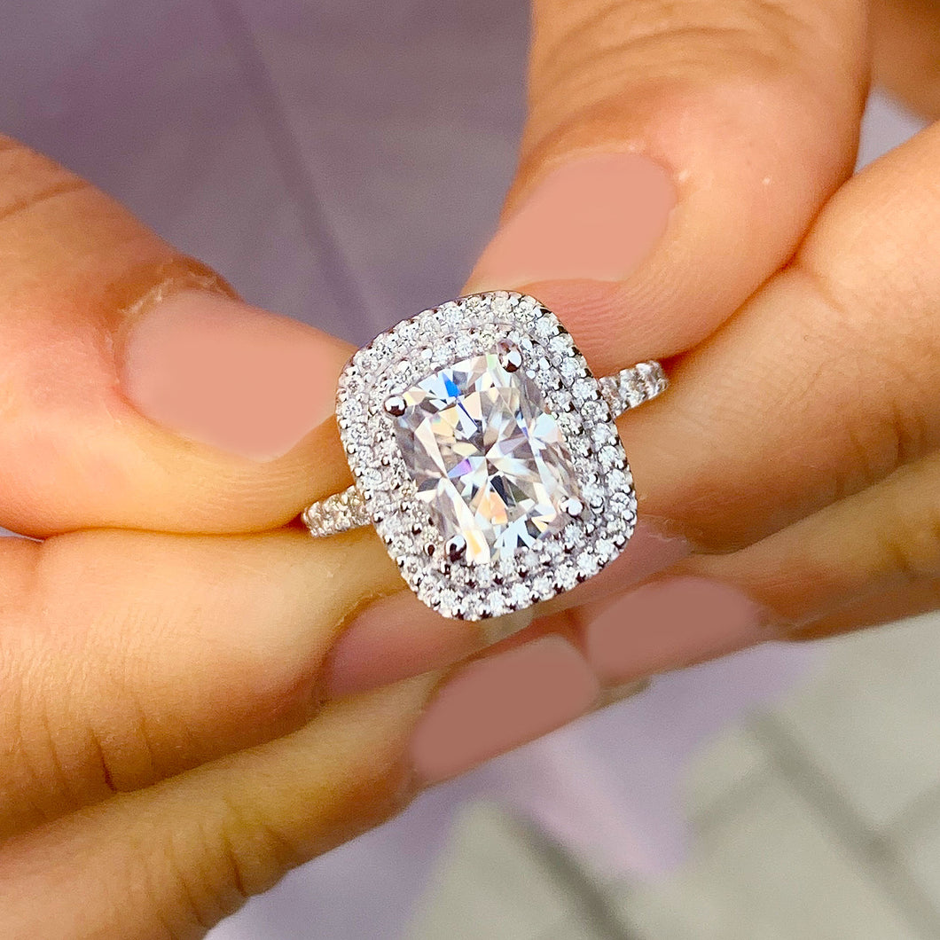 14k Solid White Gold Cushion Cut Forever One Moissanite and Natural Diamond Engagement Ring Soleste Double Halo, Bridal, Wedding 4.00ctw