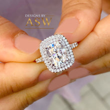 Load image into Gallery viewer, Double Halo 14K Solid White Gold Cushion and Round Cut Simulated Diamonds Engagement Ring Prong Set Wedding Bridal 4.00ct
