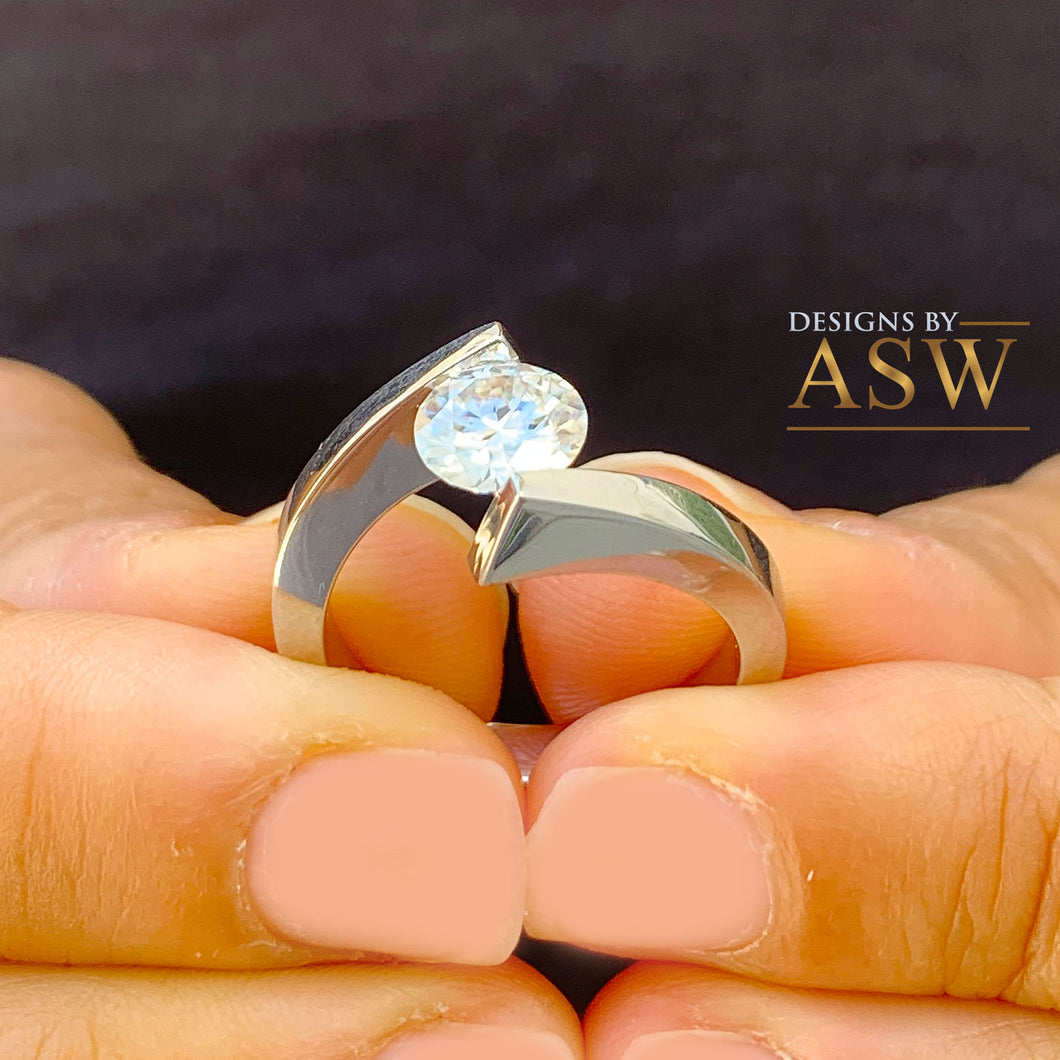 14k White Gold Round Cut Natural Engagement Ring Tension Set, Propose, Anniversary, Large, Elegant Solitaire 1.00ctw