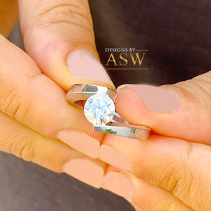 14k White Gold Round Cut Natural Engagement Ring Tension Set, Propose, Anniversary, Large, Elegant Solitaire 1.00ctw