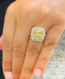 Huge Women's 14k solid white gold Fancy Yellow Cushion simulated and round cut natural diamond engagement ring Halo 5.70ct
