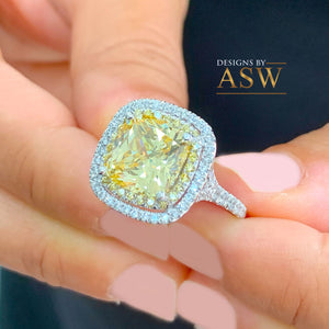 Huge Women's 14k solid white gold Fancy Yellow Cushion simulated and round cut natural diamond engagement ring Halo 5.70ct
