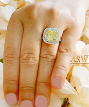 Load image into Gallery viewer, Huge Women&#39;s 14k solid white gold Fancy Yellow Cushion simulated and round cut natural diamond engagement ring Halo 5.70ct

