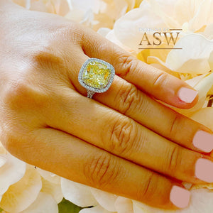 Huge Women's 14k solid white gold Fancy Yellow Cushion simulated and round cut natural diamond engagement ring Halo 5.70ct