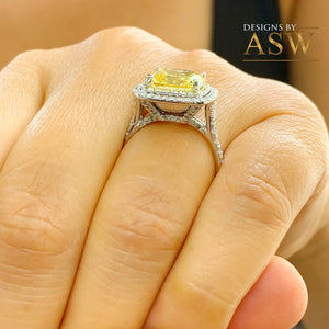 Huge Women's 14k solid white gold Fancy Yellow Cushion simulated and round cut natural diamond engagement ring Halo 5.70ct