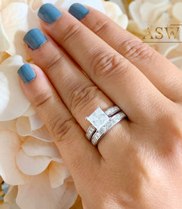 3.70 Carat Princess Forever One Moissanite and Princess Cut natural Diamond Engagement Ring and Band Set in 14K Solid and Heavy White Gold