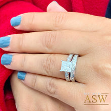 Load image into Gallery viewer, Copy of 3.70 Carat Princess Moissanite and Princess Cut natural Diamond Engagement Ring and Band Set in 14K Solid and Heavy White Gold
