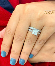 Load image into Gallery viewer, 3.70 Carat Princess Forever One Moissanite and Princess Cut natural Diamond Engagement Ring and Band Set in 14K Solid and Heavy White Gold
