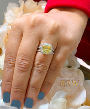 Load image into Gallery viewer, Women&#39;s 14k solid white gold Fancy Yellow Cushion simulated and round cut natural diamond engagement ring Halo 4.70ct
