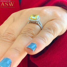Load image into Gallery viewer, Women&#39;s 14k solid white gold Fancy Yellow Cushion simulated and round cut natural diamond engagement ring Halo 4.70ct
