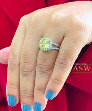 Load image into Gallery viewer, Women&#39;s 14k solid white gold Fancy Yellow Cushion simulated and round cut natural diamond engagement ring Halo 4.70ct
