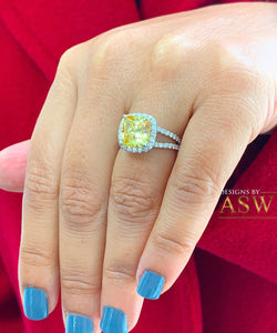Women's 14k solid white gold Fancy Yellow Cushion simulated and round cut natural diamond engagement ring Halo 4.70ct