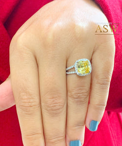 Women's 14k solid white gold Fancy Yellow Cushion simulated and round cut natural diamond engagement ring Halo 4.70ct