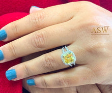 Load image into Gallery viewer, Women&#39;s 14k solid white gold Fancy Yellow Cushion simulated and round cut natural diamond engagement ring Halo 4.70ct
