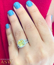 Load image into Gallery viewer, Women&#39;s 14k solid white gold Fancy Yellow Cushion simulated and round cut natural diamond engagement ring Halo 4.70ct
