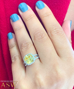 Women's 14k solid white gold Fancy Yellow Cushion simulated and round cut natural diamond engagement ring Halo 4.70ct