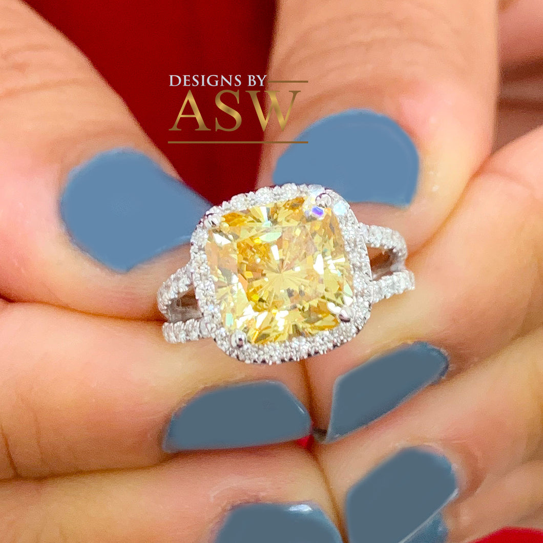 Beautiful 14K Solid White Gold Fancy Yellow Cushion Cut Simulated Diamonds Engagement Ring Set Halo Wedding Bridal 4.70ctw