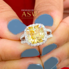 Load image into Gallery viewer, Women&#39;s 14k solid white gold Fancy Yellow Cushion simulated and round cut natural diamond engagement ring Halo 4.70ct
