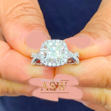 Load image into Gallery viewer, 14K Solid White Gold Cushion Cut Moissanite and Round Cut Natural Diamond Engagement Ring Halo Prong 2.65ct
