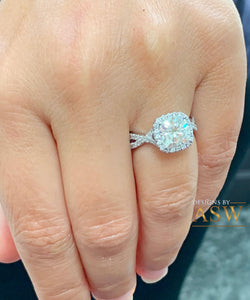 14K Solid White Gold Cushion Cut Moissanite and Round Cut Natural Diamond Engagement Ring Halo Prong 2.65ct