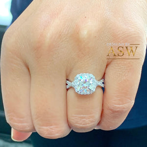 14K Solid White Gold Cushion Cut Moissanite and Round Cut Natural Diamond Engagement Ring Halo Prong 2.65ct